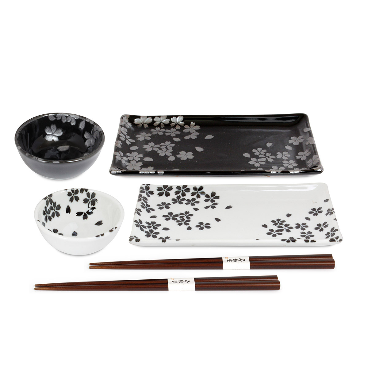 日本 美濃焼 2人用 "銀彩桜'瓷器碗、碟、筷子套裝 -32-906-029