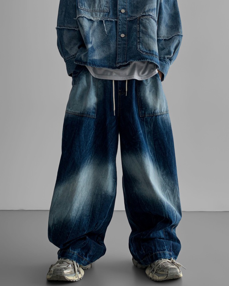 裂痕水洗暈染氣球牛仔褲