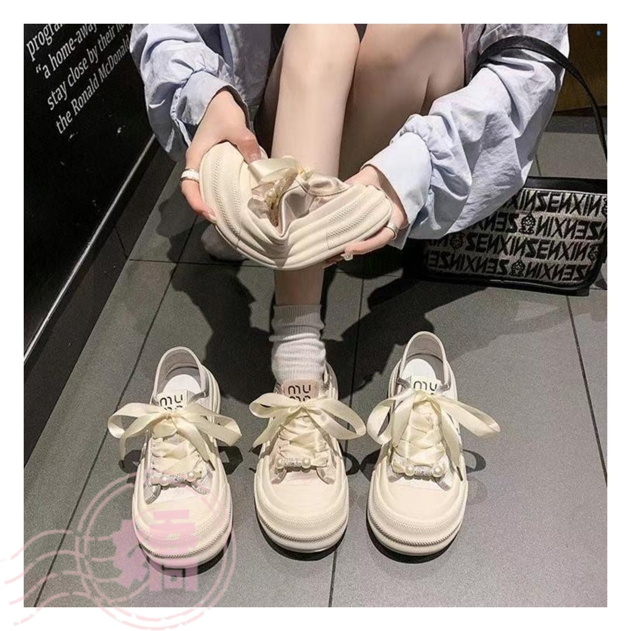 K20006圓頭緞帶珍珠厚底休閒鞋(銀'粉)(230'235'240'245'250)