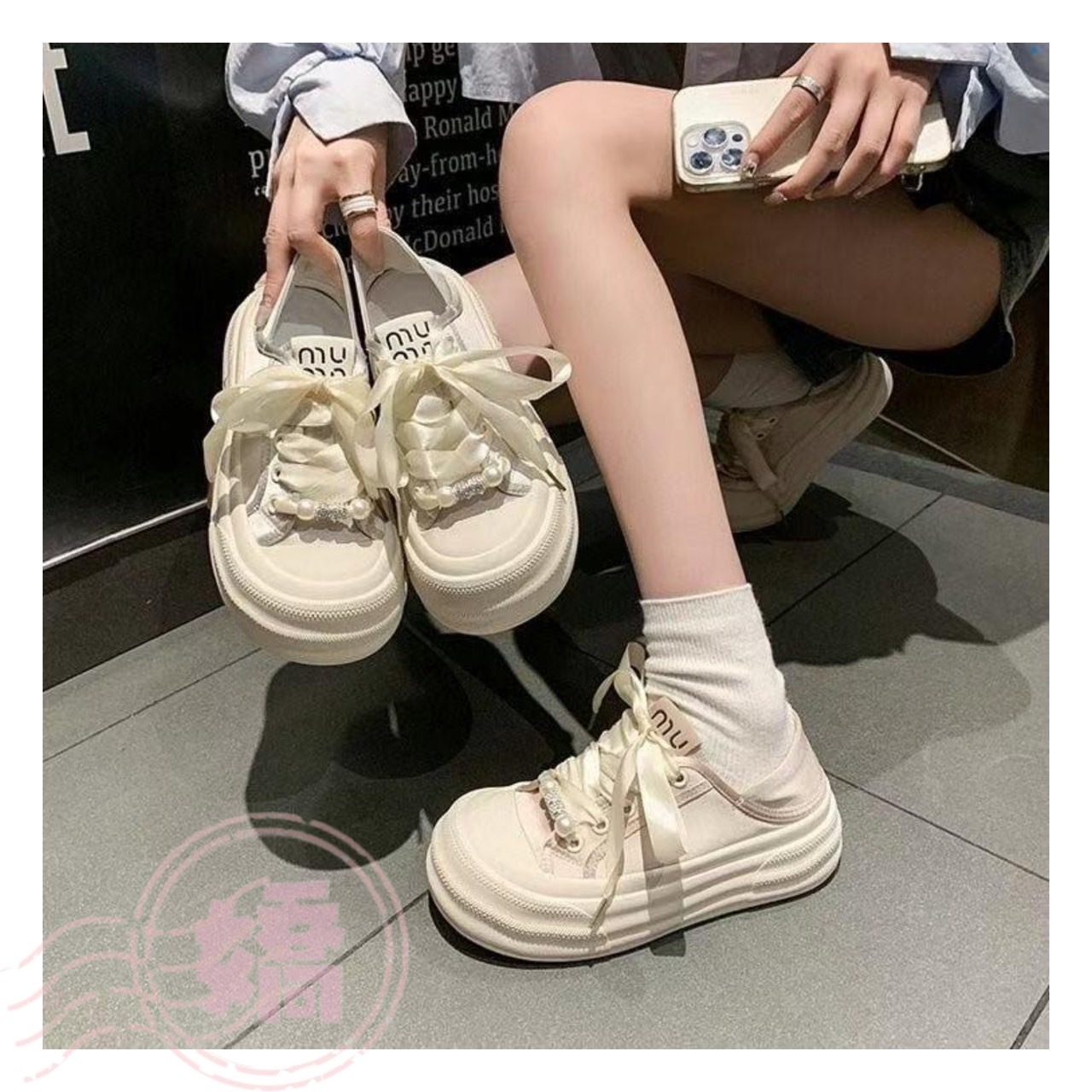 K20006圓頭緞帶珍珠厚底休閒鞋(銀'粉)(230'235'240'245'250)