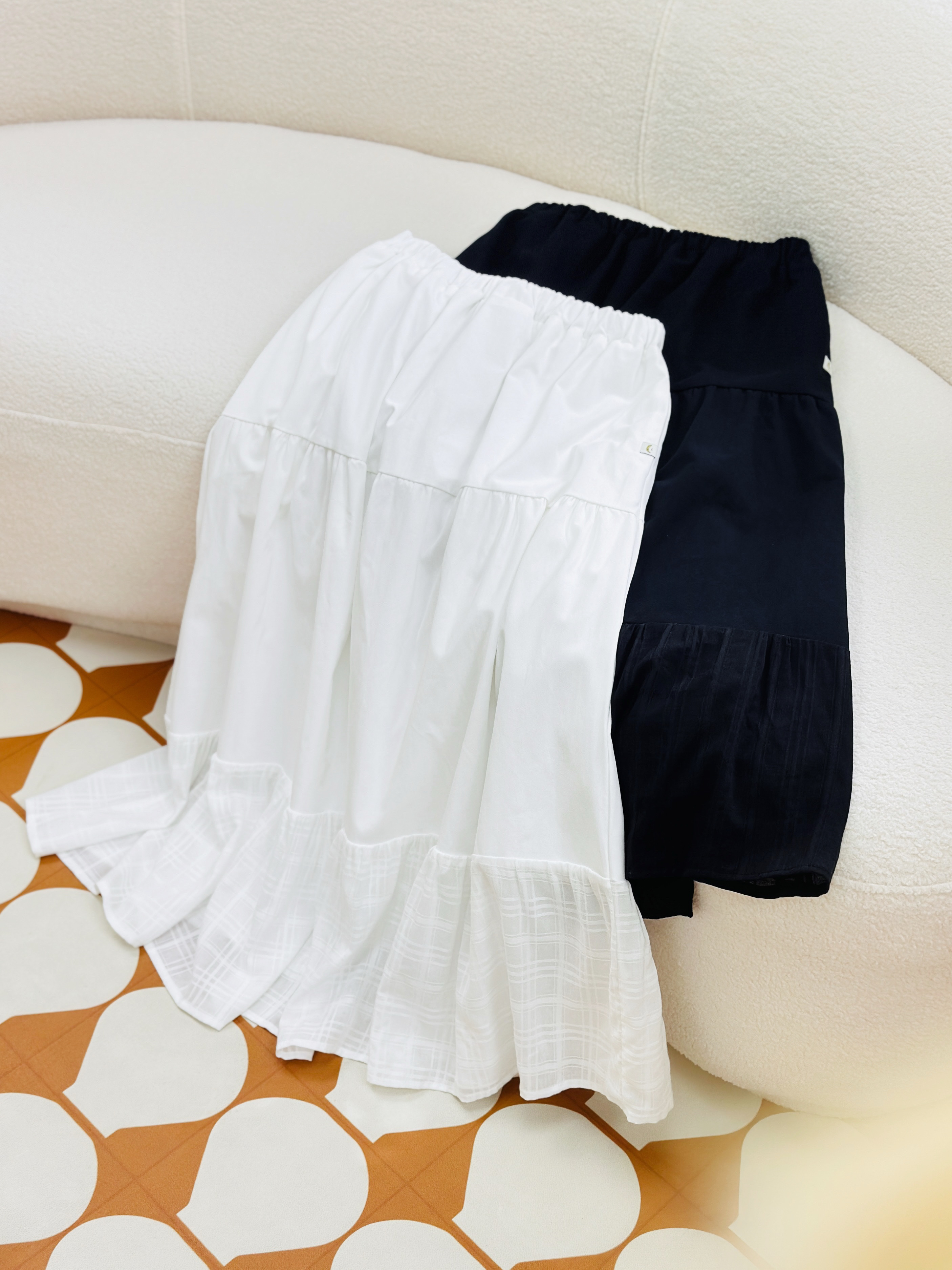 兩色 / 透感格子拼接蛋糕裙 / Sheer Plaid Patchwork Tiered Skirt