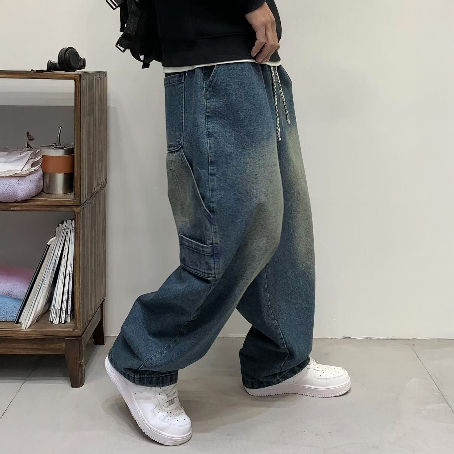 XCTRL 鬆緊抽繩寬版牛仔褲-深藍