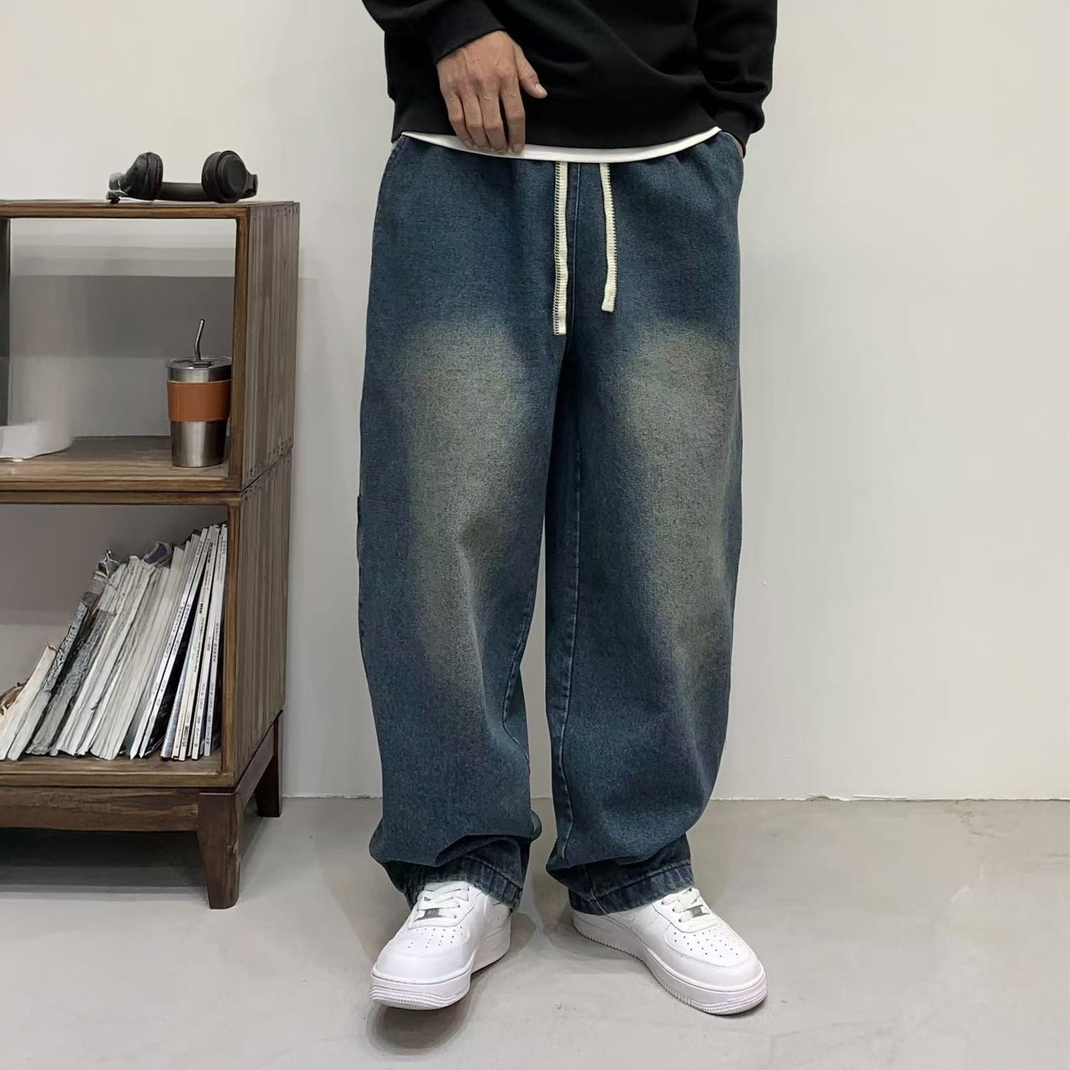 XCTRL 鬆緊抽繩寬版牛仔褲-深藍