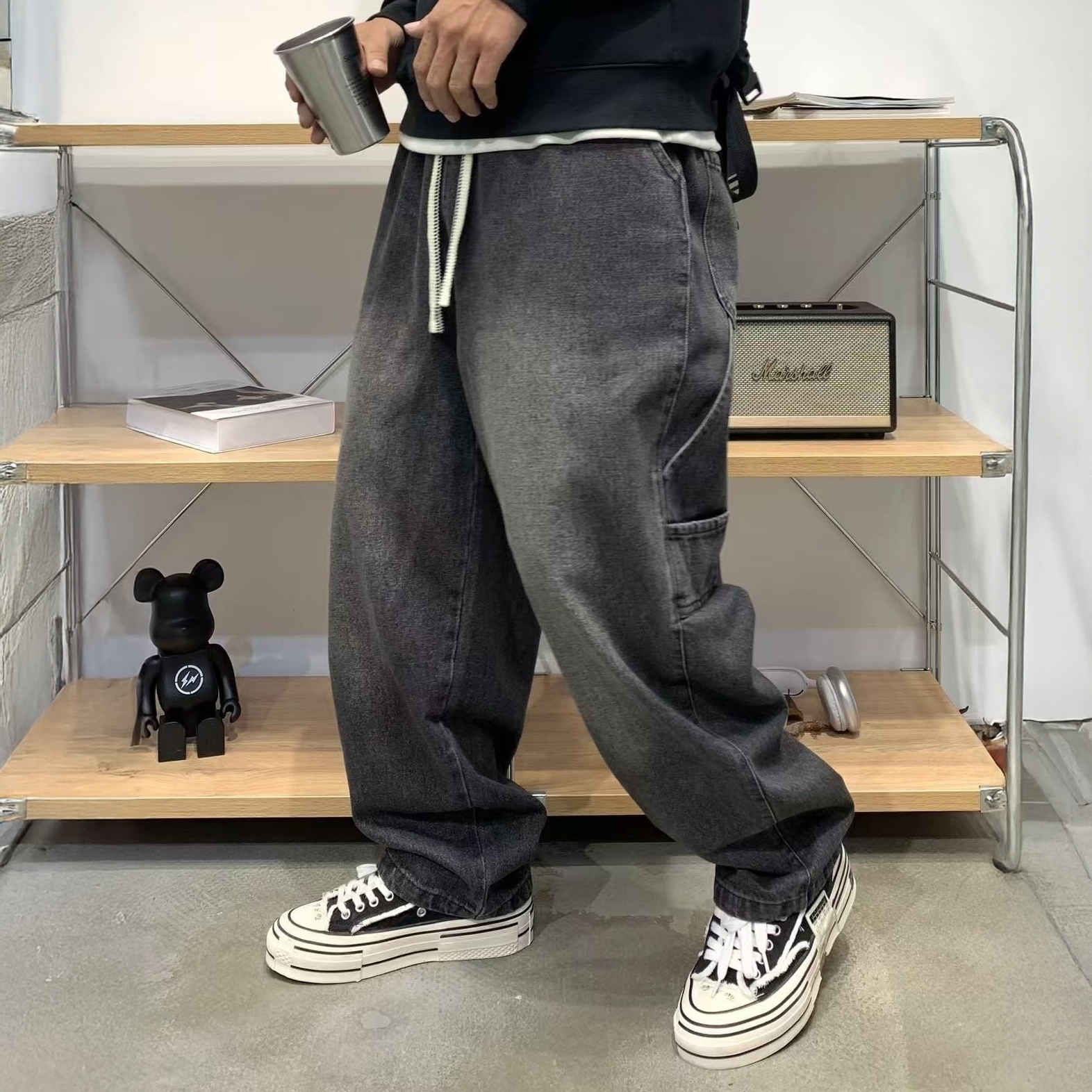 XCTRL 鬆緊抽繩寬版牛仔褲-黑