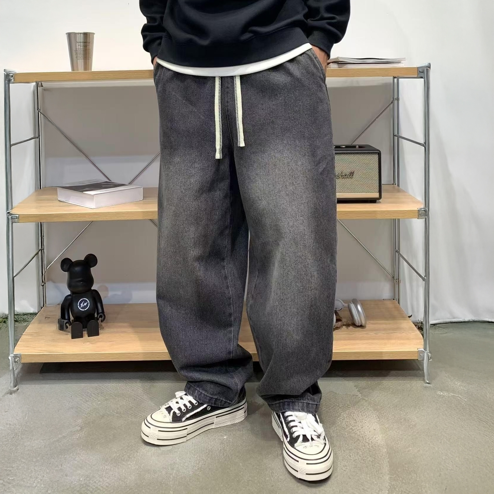 XCTRL 鬆緊抽繩寬版牛仔褲-黑