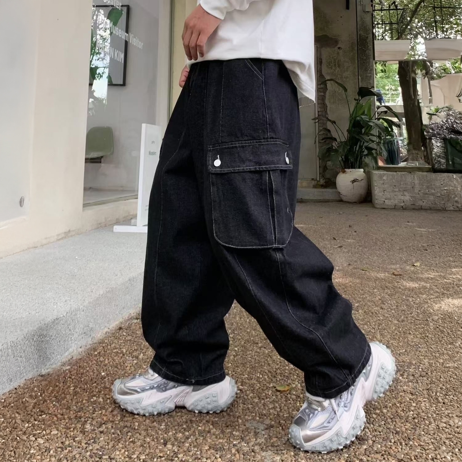 XCTRL 寬版大口袋牛仔褲-黑