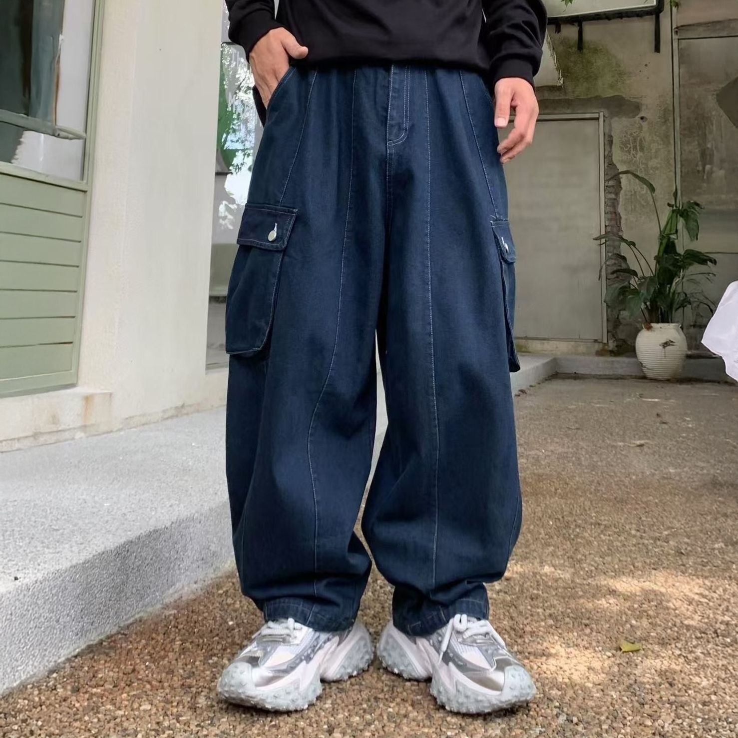 XCTRL 寬版大口袋牛仔褲-藍