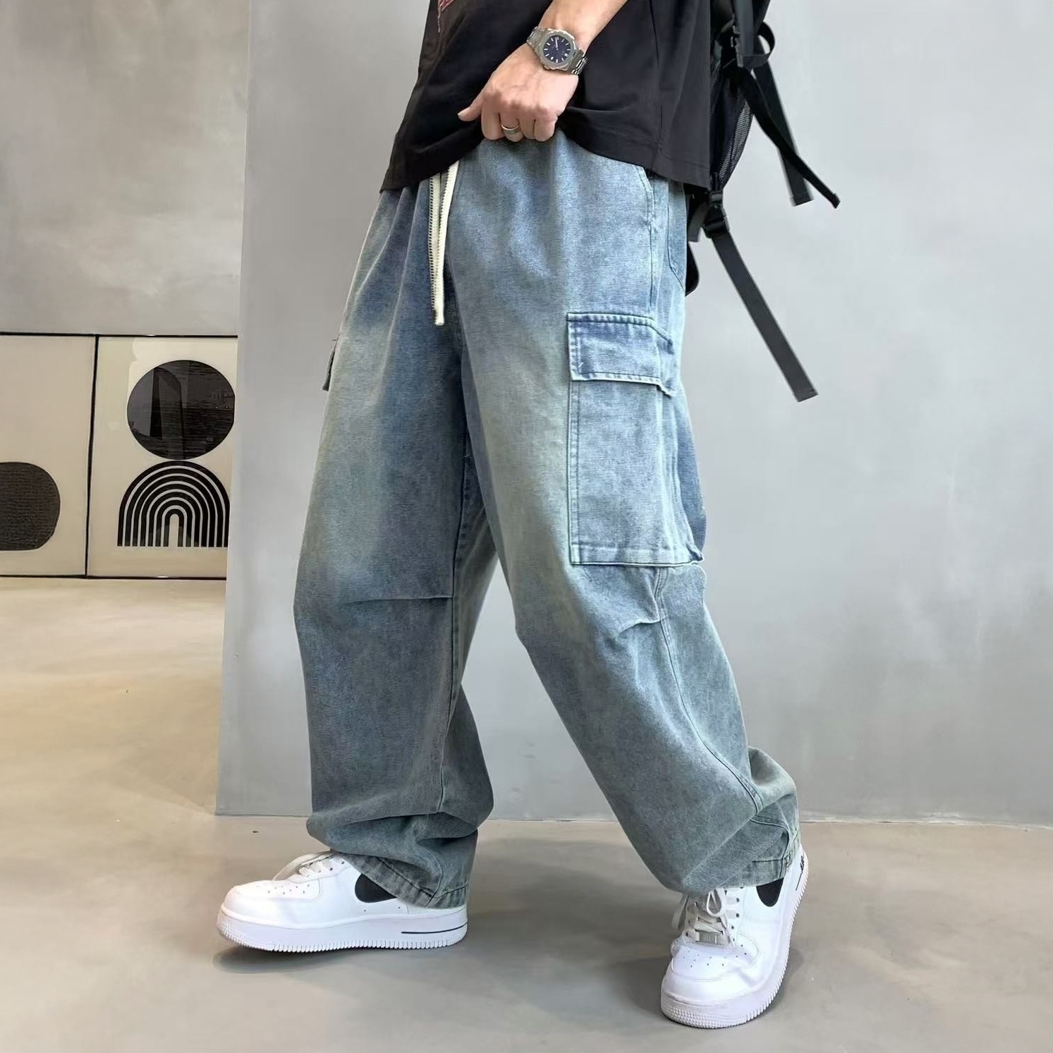 XCTRL 鬆緊刷舊水洗牛仔寬褲-水洗藍