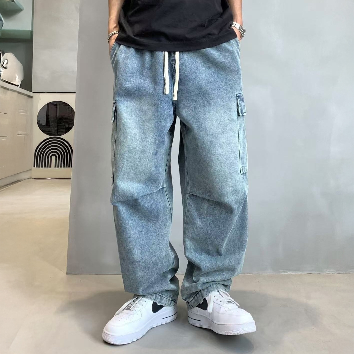 XCTRL 鬆緊刷舊水洗牛仔寬褲-水洗藍