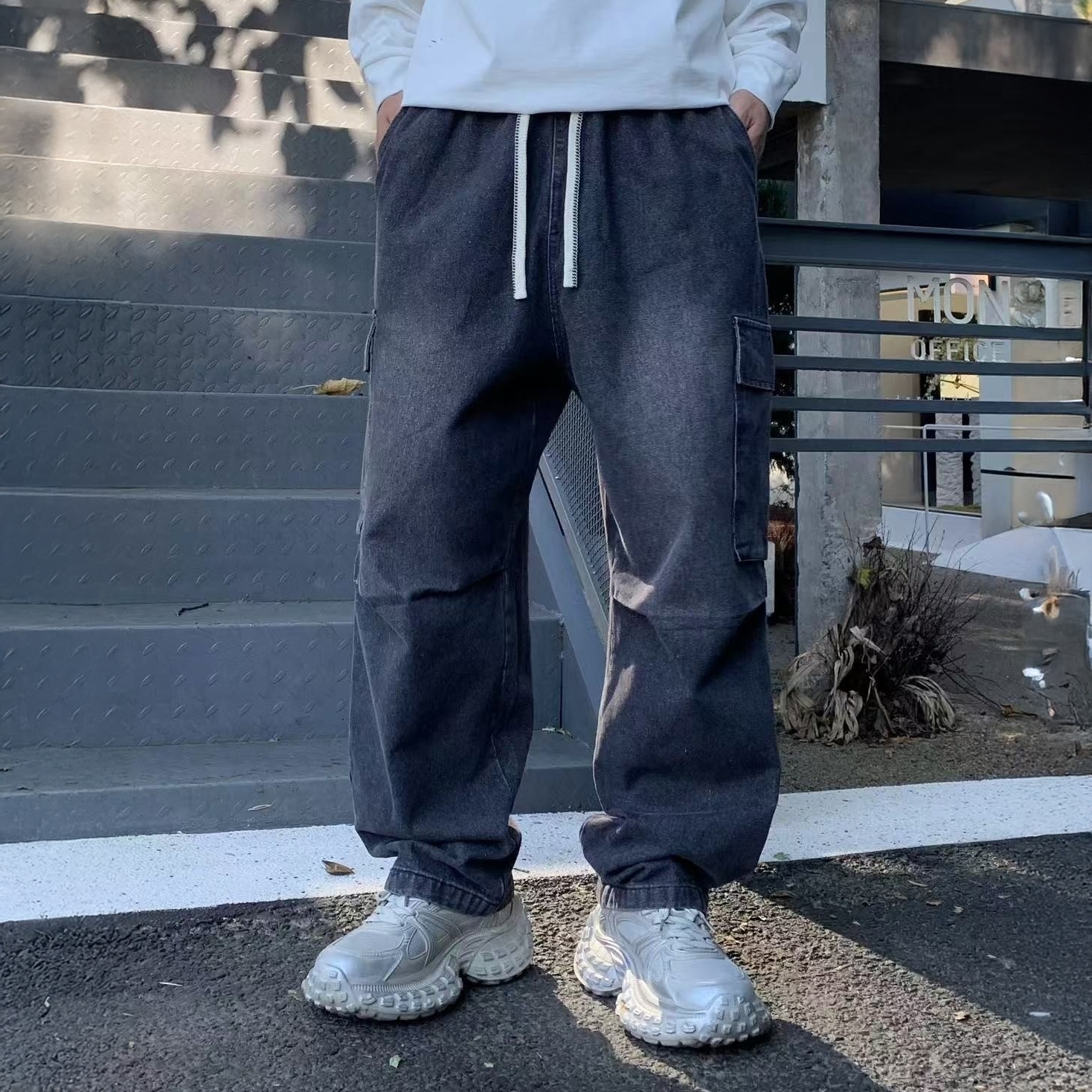 XCTRL 鬆緊刷舊水洗牛仔寬褲-水洗灰