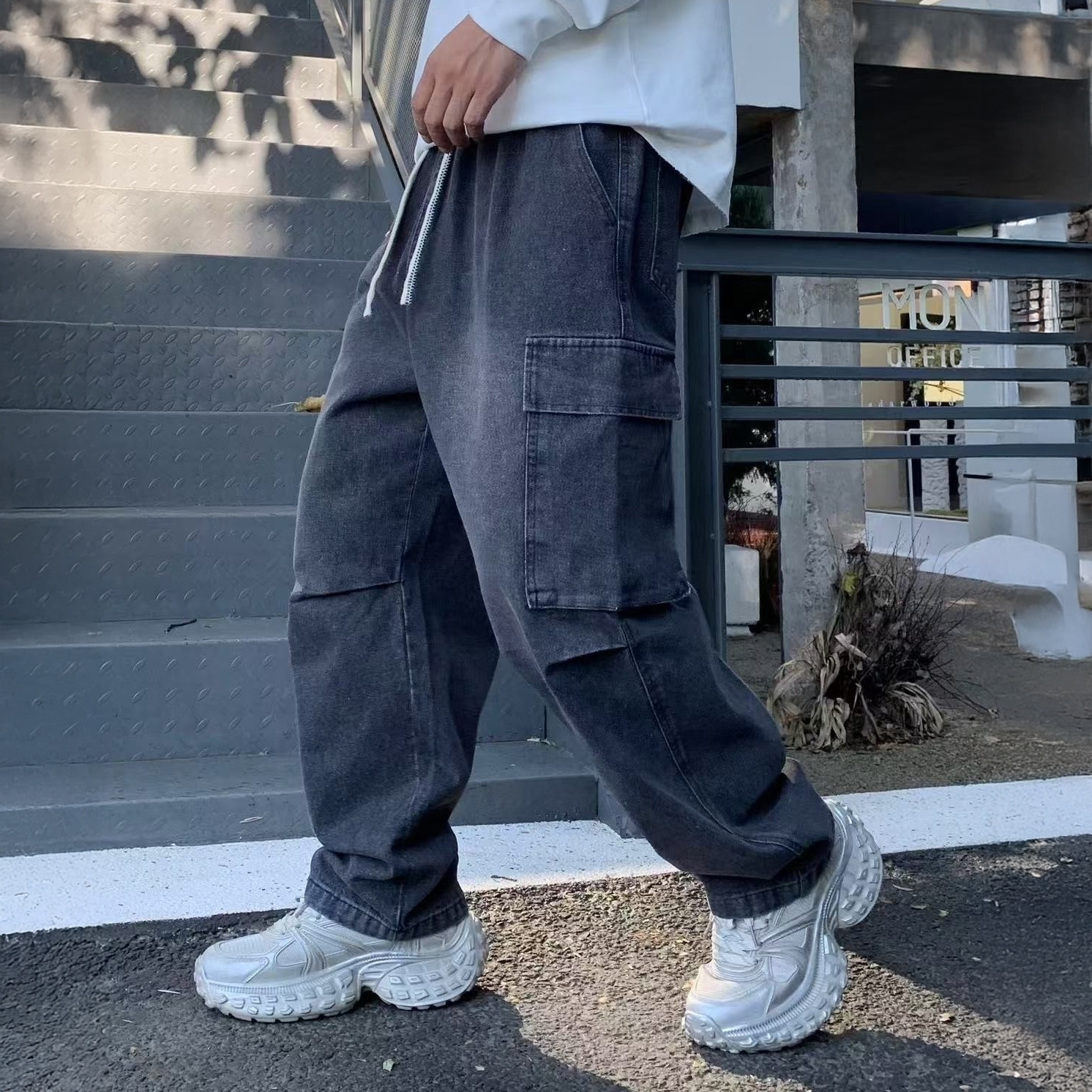 XCTRL 鬆緊刷舊水洗牛仔寬褲-水洗灰