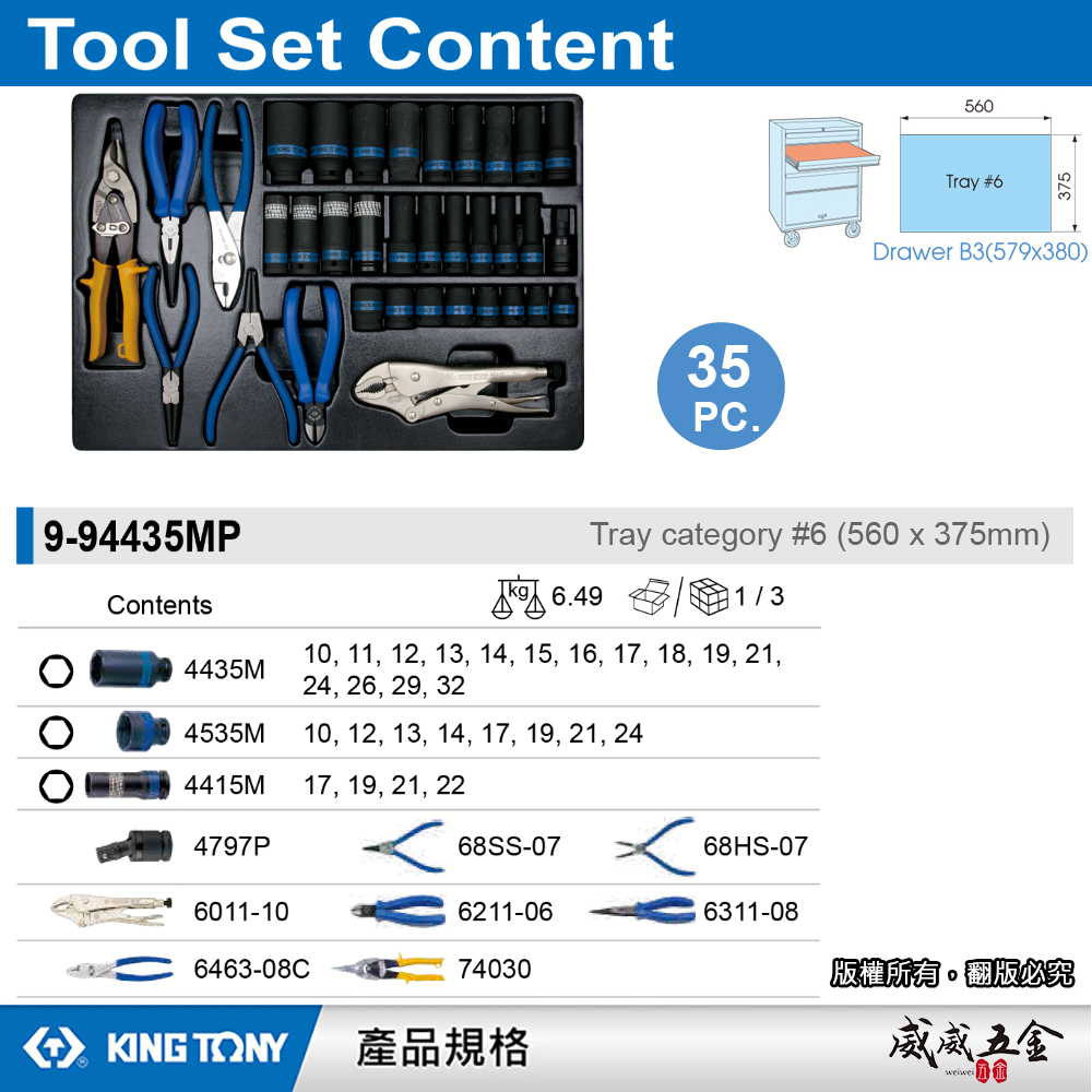 KING TONY 金統立｜35件式 1/2"工具車組套 氣動套筒 夾鉗 萬能鉗｜9-94435MP｜台灣製