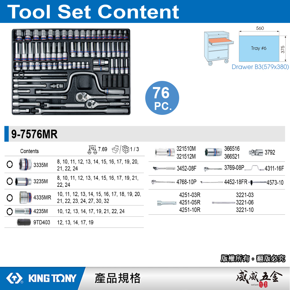 KING TONY 金統立｜76件式 3/8"+1/2"工具車組套 套筒組 板手組｜9-7576MR｜台灣製