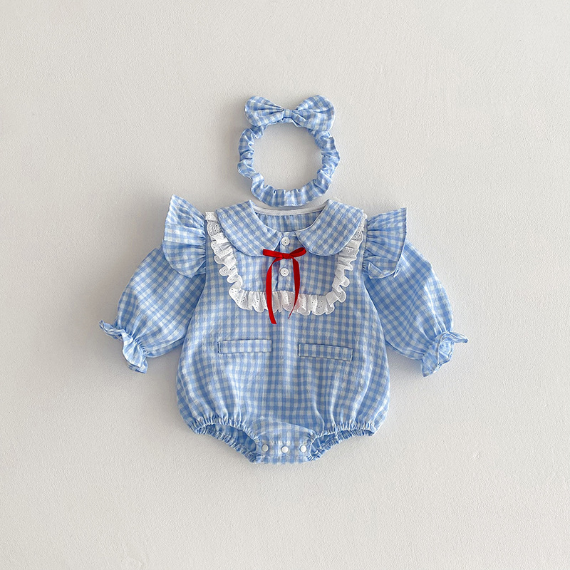 25 學院風藍格荷葉包屁衣(附髮帶)