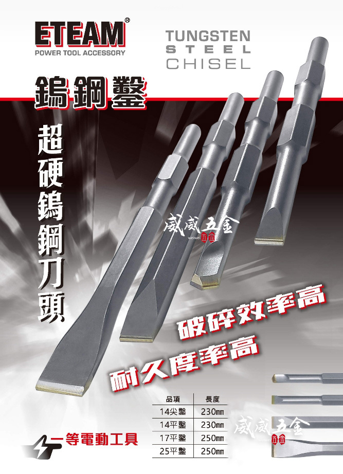 ETEAM 一等｜鎢鋼鑿 超硬鎢鋼刀頭 尖鑿 平鑿 ET41 H41 HM0810用｜長型鎢鋼尖䥣 電動斬尾
