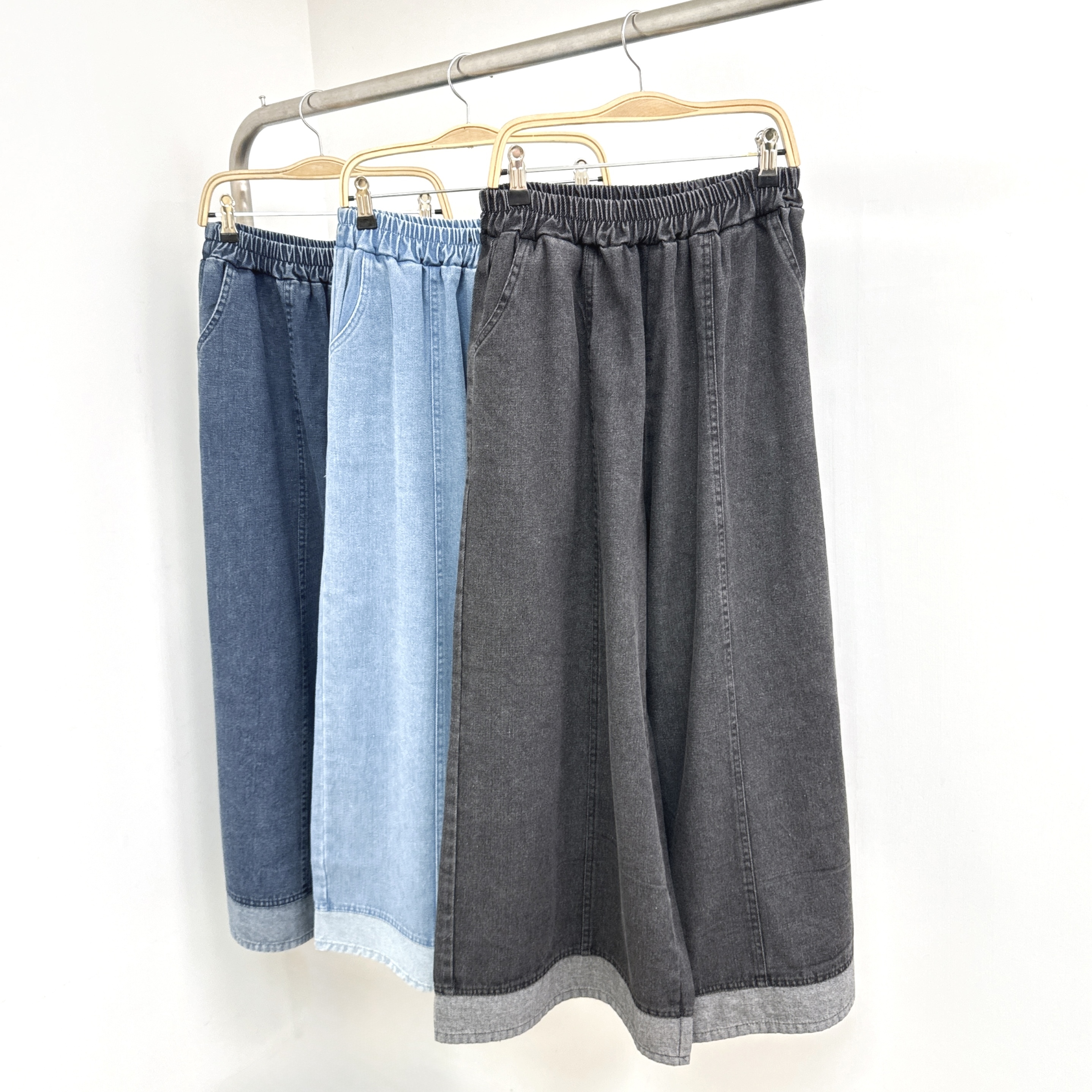 車骨褲腳拼色牛仔9分闊褲 (Y62-Y64)