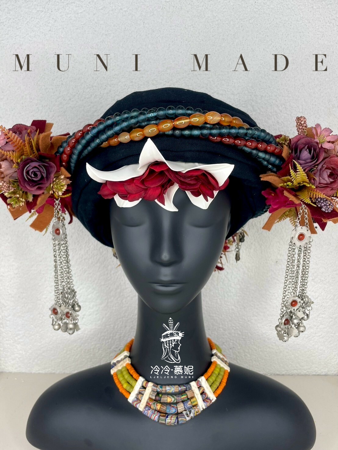 Muni-No.66貿易老珠藏銀配花轉珠頭飾