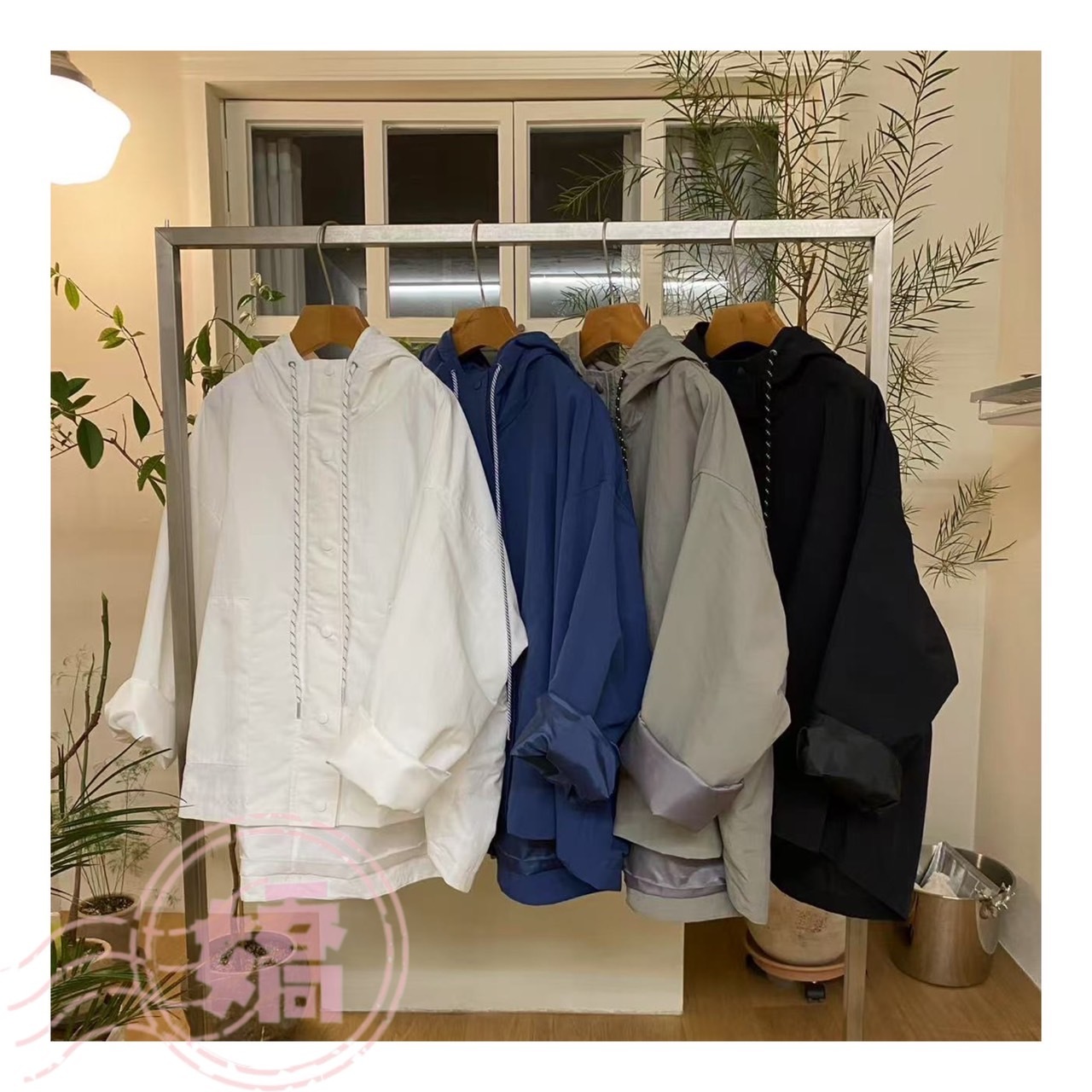 K22001雙色抽繩連帽襯衫外套(白'藍'灰'黑)