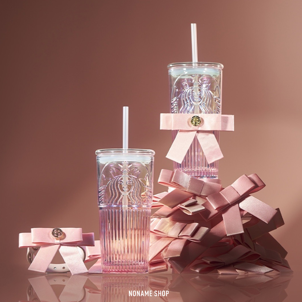 STARBUCKS 星巴克 少女 粉色 蝴蝶結 玻璃 吸管杯 550ML