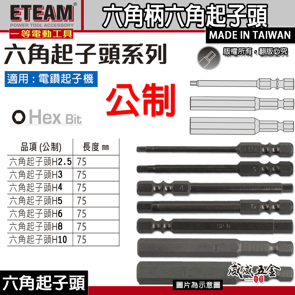 ETEAM 一等 台灣製｜公制 2.5-10mm 英制｜長75mm 單頭六角頭 六角軸六角棒 單頭六角起子頭