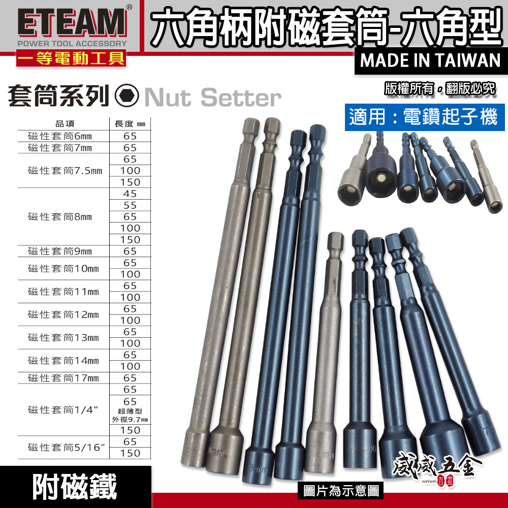 ETEAM 一等 台灣製｜六角柄磁性六角套筒｜6.35mm六角起子機用1/4"六角軸套筒 附磁鐵套筒｜長 45mm 55mm 65mm 100mm 150mm