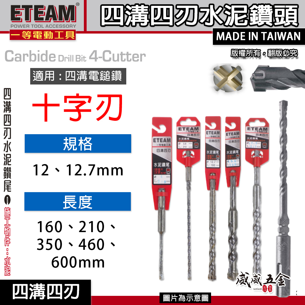 ETEAM 一等｜12mm 12.7mm｜SDS四溝四刃水泥鑽頭 四溝4刃水泥鑽尾 免出力電鑽用鑽尾｜台灣製