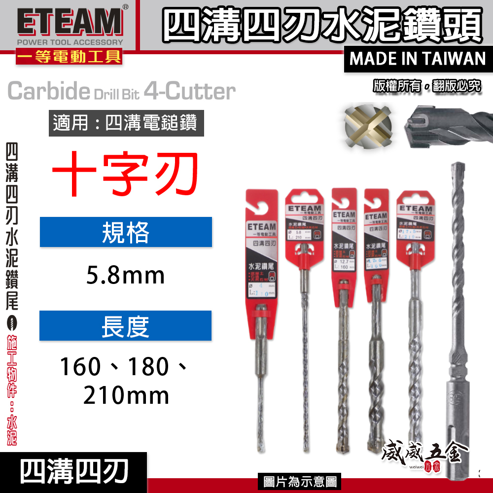 ETEAM 一等｜5.8mm｜SDS 鑽兼鎖用四溝四刃水泥鑽頭 四溝4刃水泥鑽尾 免出力電鑽用四溝鑽｜台灣製