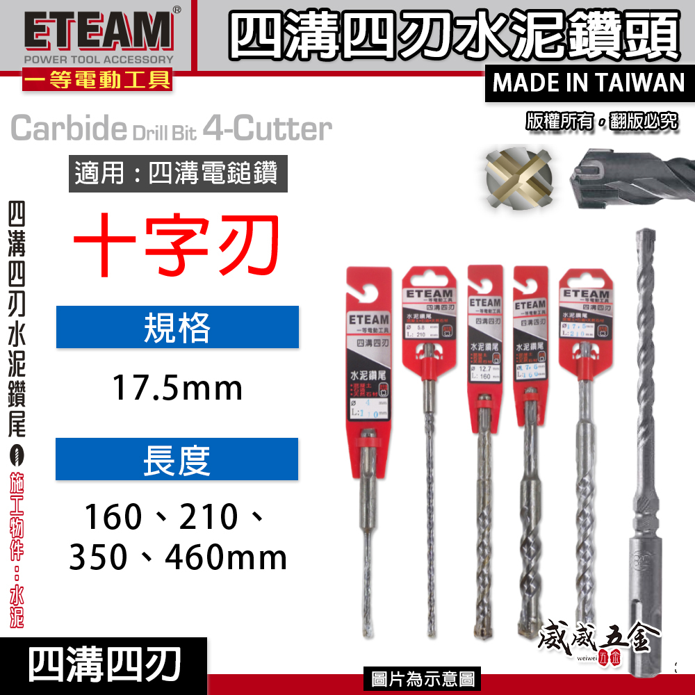 ETEAM 一等 台灣製｜17.5mm 長160-460｜四溝四刃水泥鑽頭｜四溝4刃水泥鑽尾 免出力電鑽用 SDS