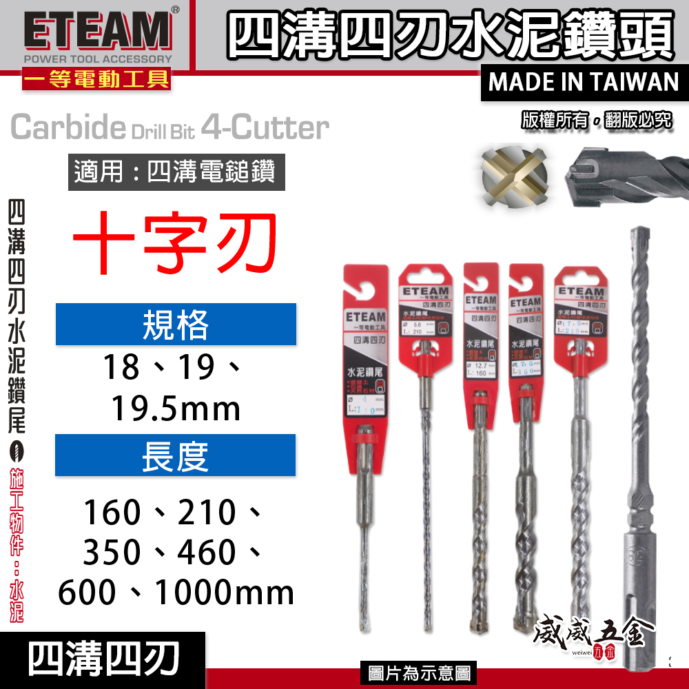 ETEAM 一等｜18mm 19mm 19.5mm｜SDS 四溝四刃水泥鑽頭 四溝4刃水泥鑽尾 免出力電鑽用