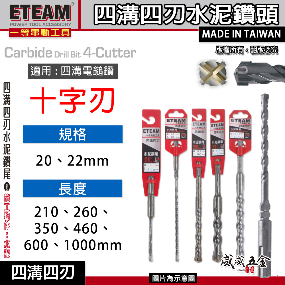 ETEAM 一等｜20mm 22mm｜SDS 四溝四刃水泥鑽頭 四溝4刃水泥鑽尾 免出力電鑽用 四溝水泥鑽頭