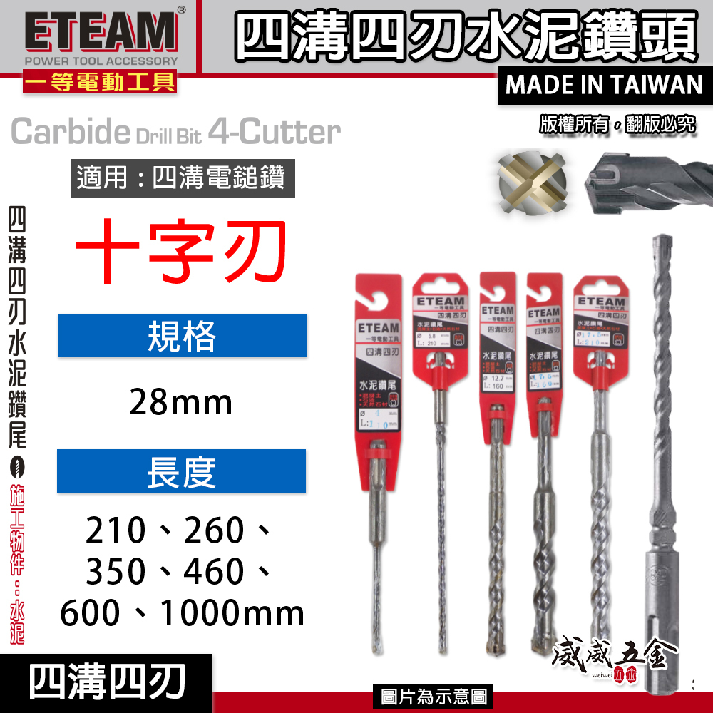 ETEAM 一等｜28mm 長210-600mm｜SDS 四溝四刃水泥鑽頭 免出力用四溝4刃水泥鑽尾｜台灣製