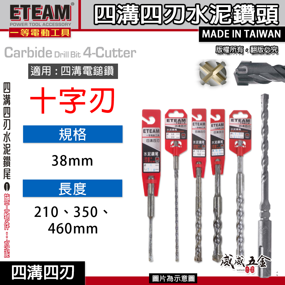 ETEAM 一等 台灣製｜38mm 長210-460mm｜四溝四刃水泥鑽頭 四溝4刃水泥鑽尾 免出力四溝鑽頭