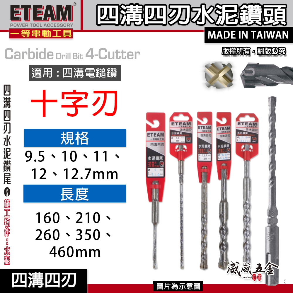ETEAM 一等 台灣製｜9.5mm -12.7mm｜四溝四刃水泥鑽頭 四溝4刃水泥鑽尾 免出力電鑽用四溝鑽