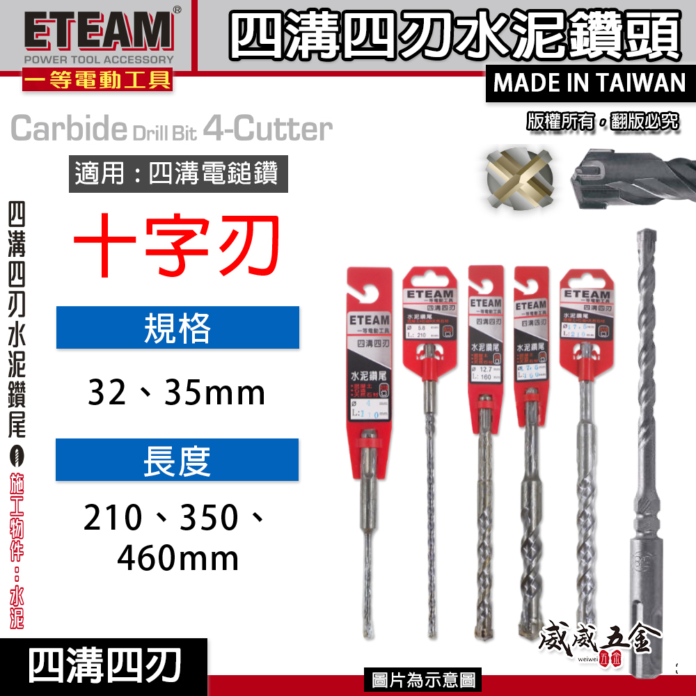 ETEAM 一等｜32mm 35mm｜SDS 四溝四刃水泥鑽頭 四溝4刃水泥鑽尾 免出力電鑽用 四溝水泥鑽頭