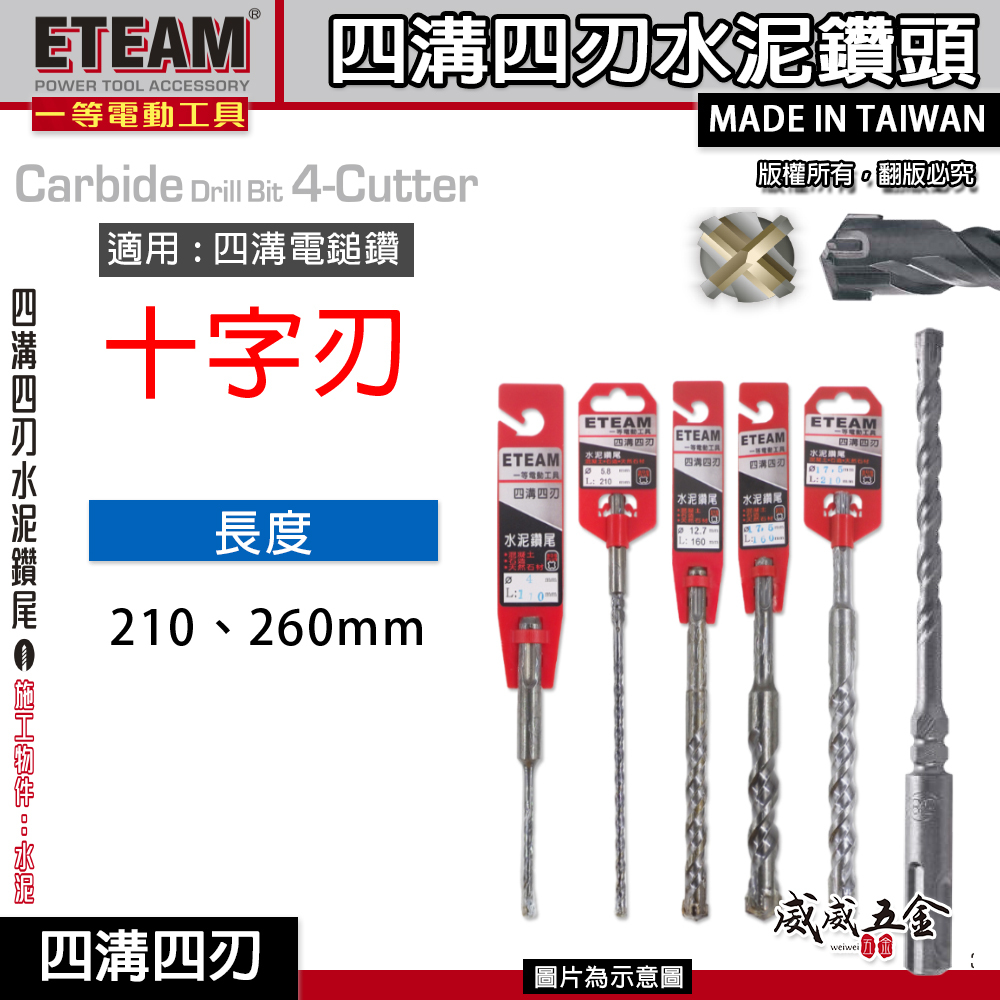 ETEAM 一等｜長度 210mm 260mm｜四溝四刃水泥鑽頭 四溝4刃水泥鑽尾 免出力電鑽用 四溝水泥鑽頭｜台灣製
