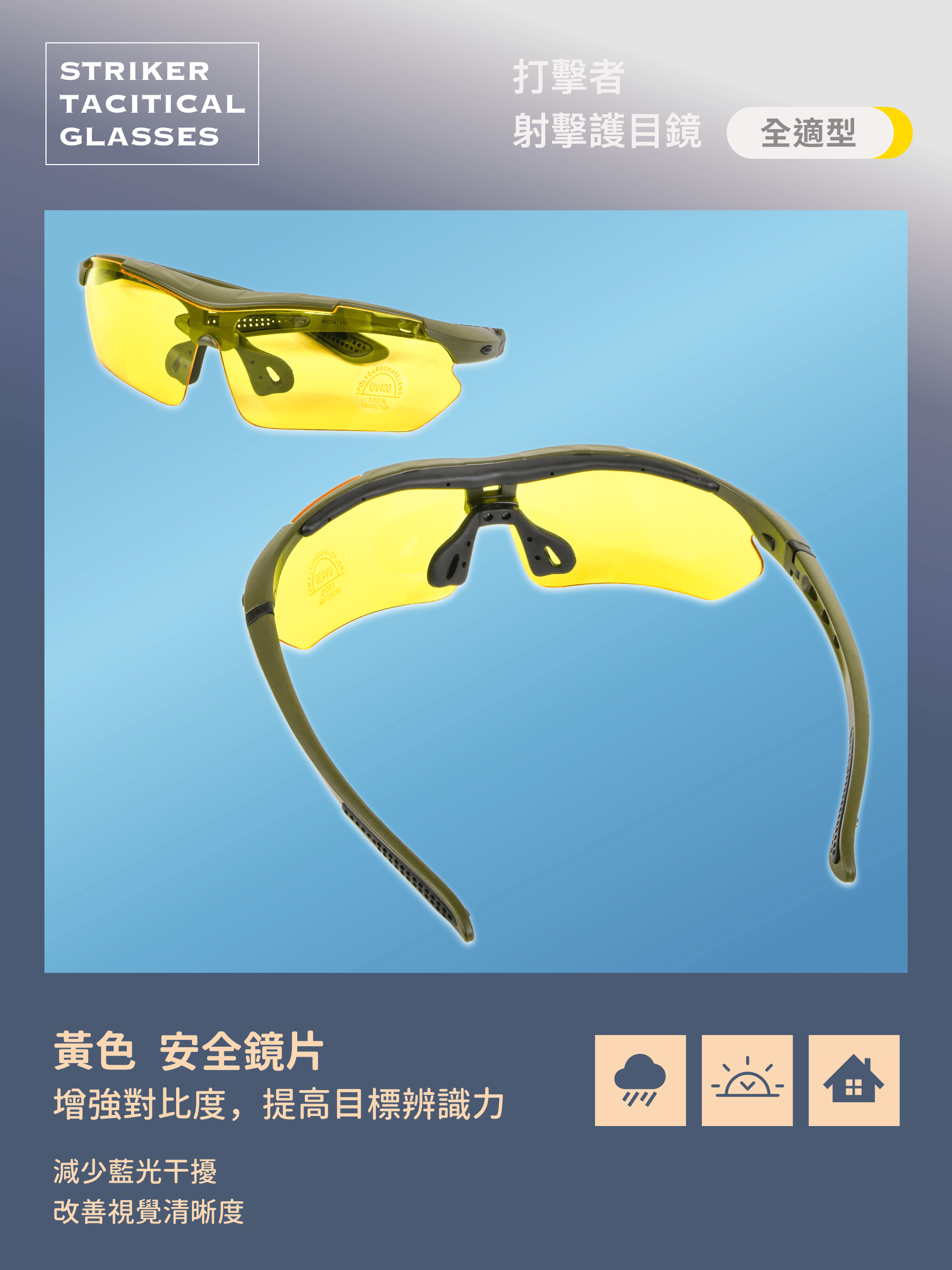 🔄 4+1 多功能鏡片系統 | 針對不同環境提供最佳視野 Striker Tactical 提供 4 片抗衝擊安全鏡片 + 1 片偏光鏡片,讓你在 不同光線、戰術需求下靈活切換。