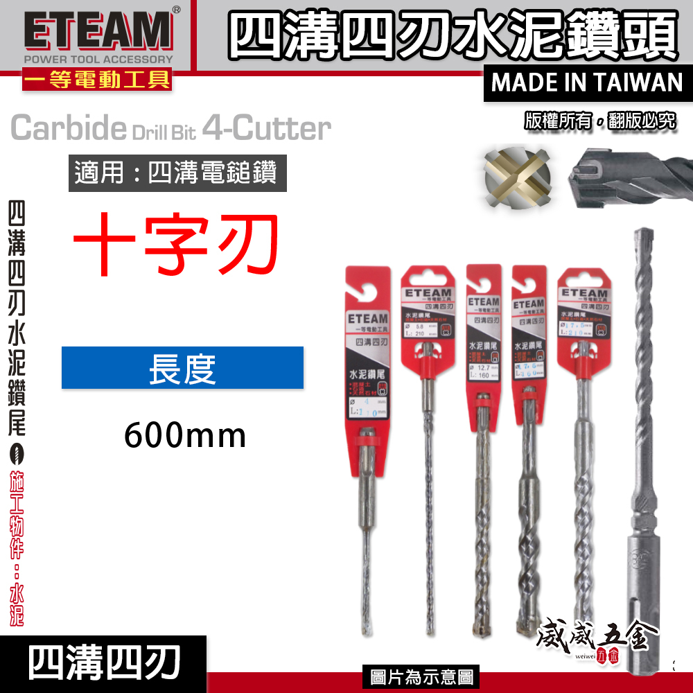 ETEAM 一等｜長度 600mm｜四溝四刃水泥鑽頭 四溝4刃 水泥鑽尾 免出力電鑽用 四溝水泥鑽頭｜台灣製