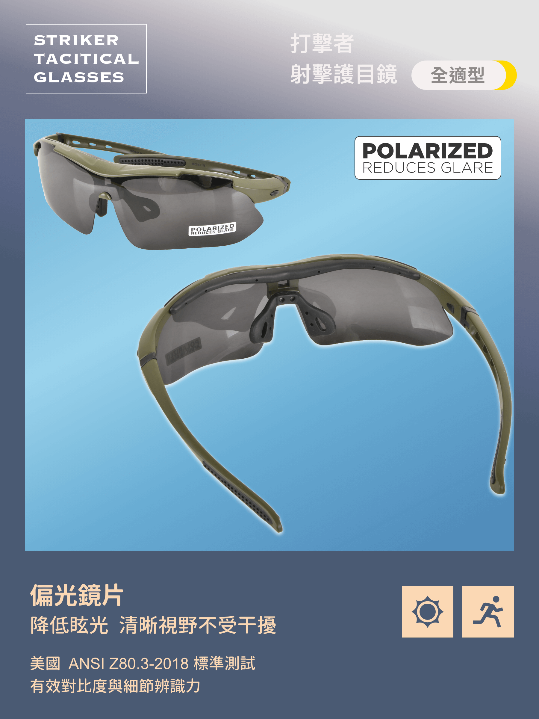 🕶 偏光鏡片(通過 ANSI Z80.3-2018 測試) ✅ 有效過濾水面、金屬、玻璃等反射光源,降低刺眼眩光 ✅ 提升對比度,提高目標辨識度,適合射擊、狩獵、戶外作戰 ✅ 減少陽光直射與反射光干擾,確保長時間配戴的舒適度 📌 適用場景:戶外射擊、強光環境生存遊戲、狩獵、野外行動!