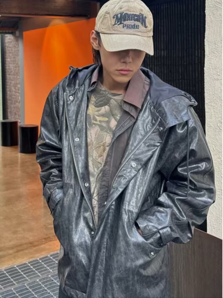 淨色連帽拉鍊合成皮褸 2S1-007JK