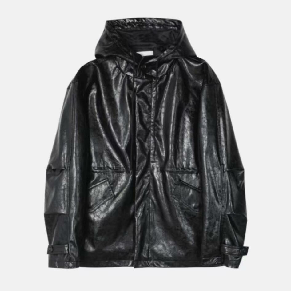 淨色連帽拉鍊合成皮褸 2S1-007JK