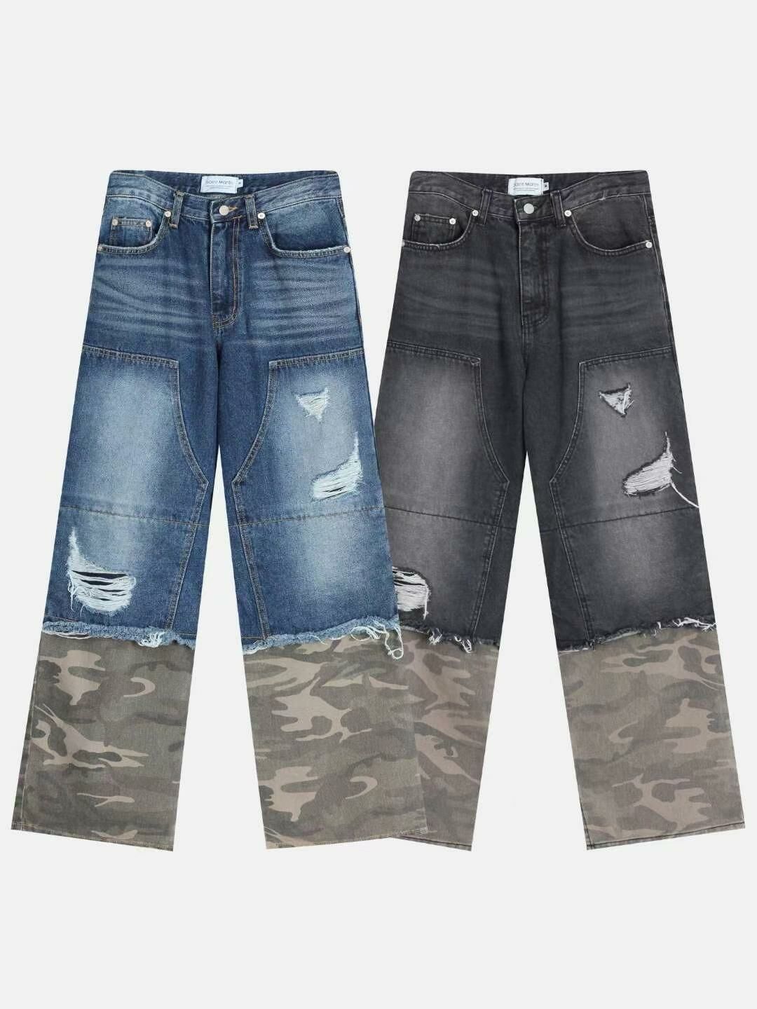 拼迷彩洗水破洞鬆身牛仔褲 TAC-0120J