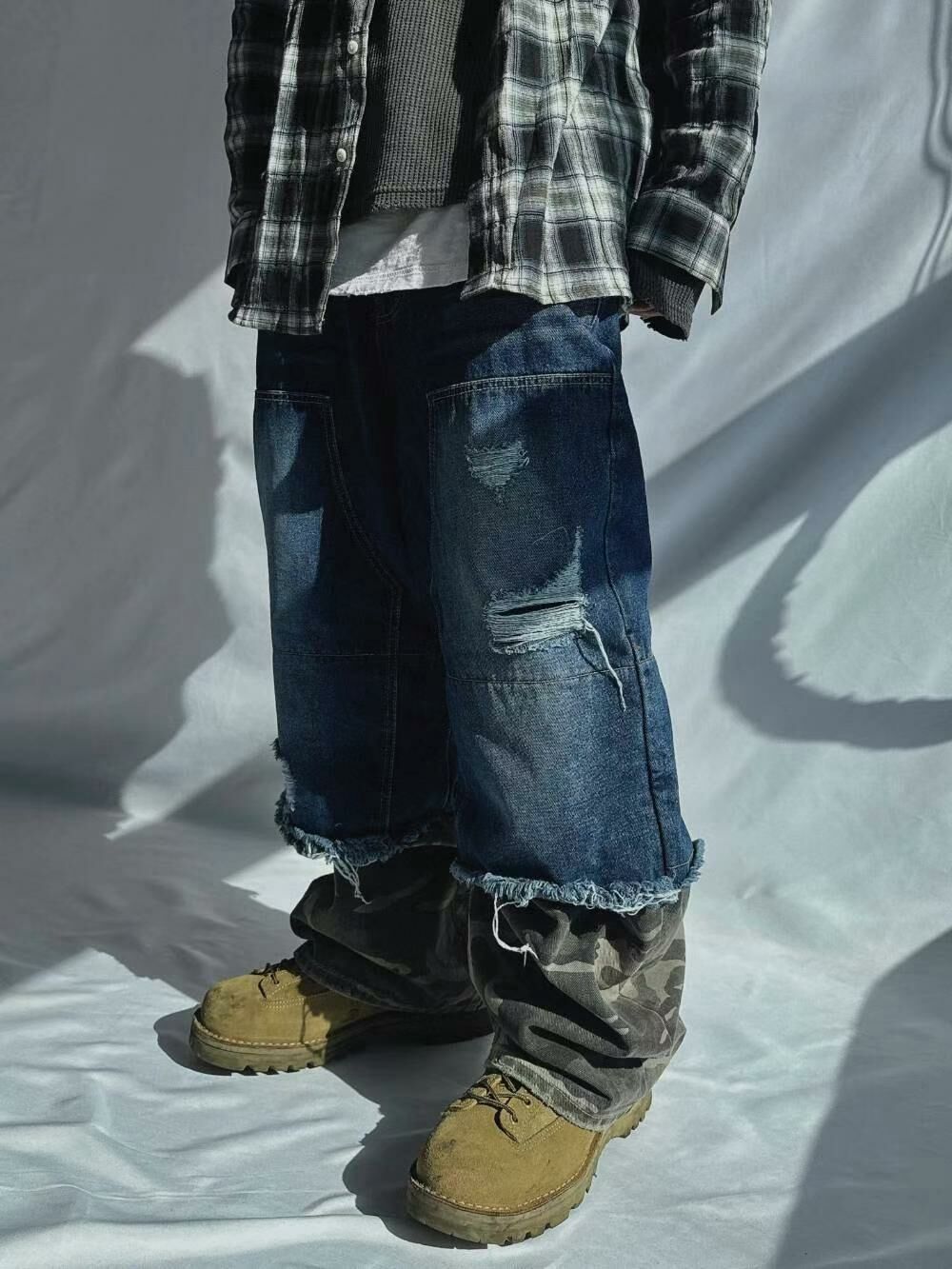 拼迷彩洗水破洞鬆身牛仔褲 TAC-0120J