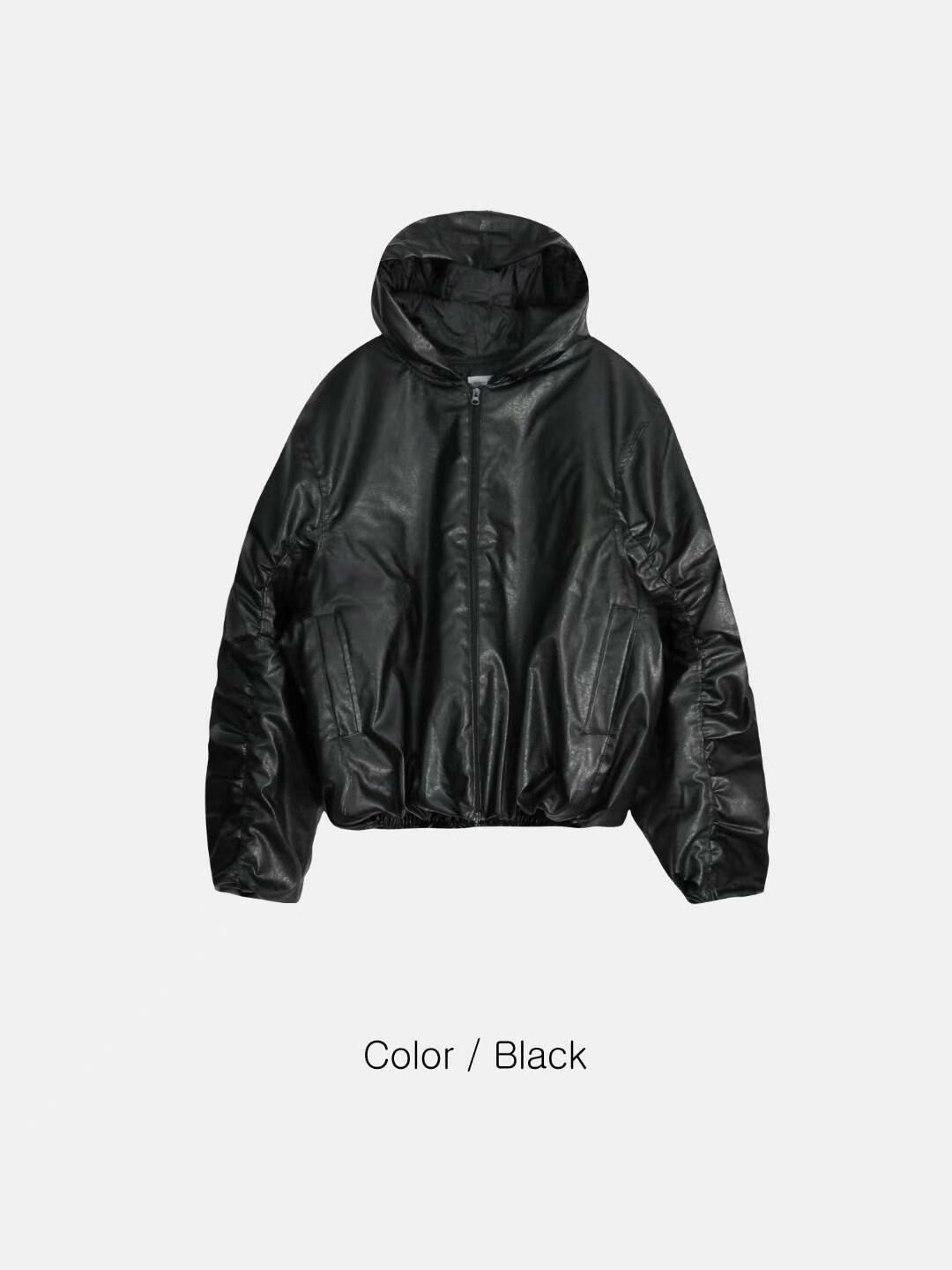 淨色連帽拉鍊合成皮褸(夾棉) TAC-0125JK