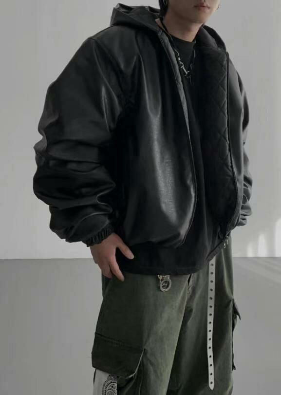 淨色連帽拉鍊合成皮褸(夾棉) TAC-0125JK