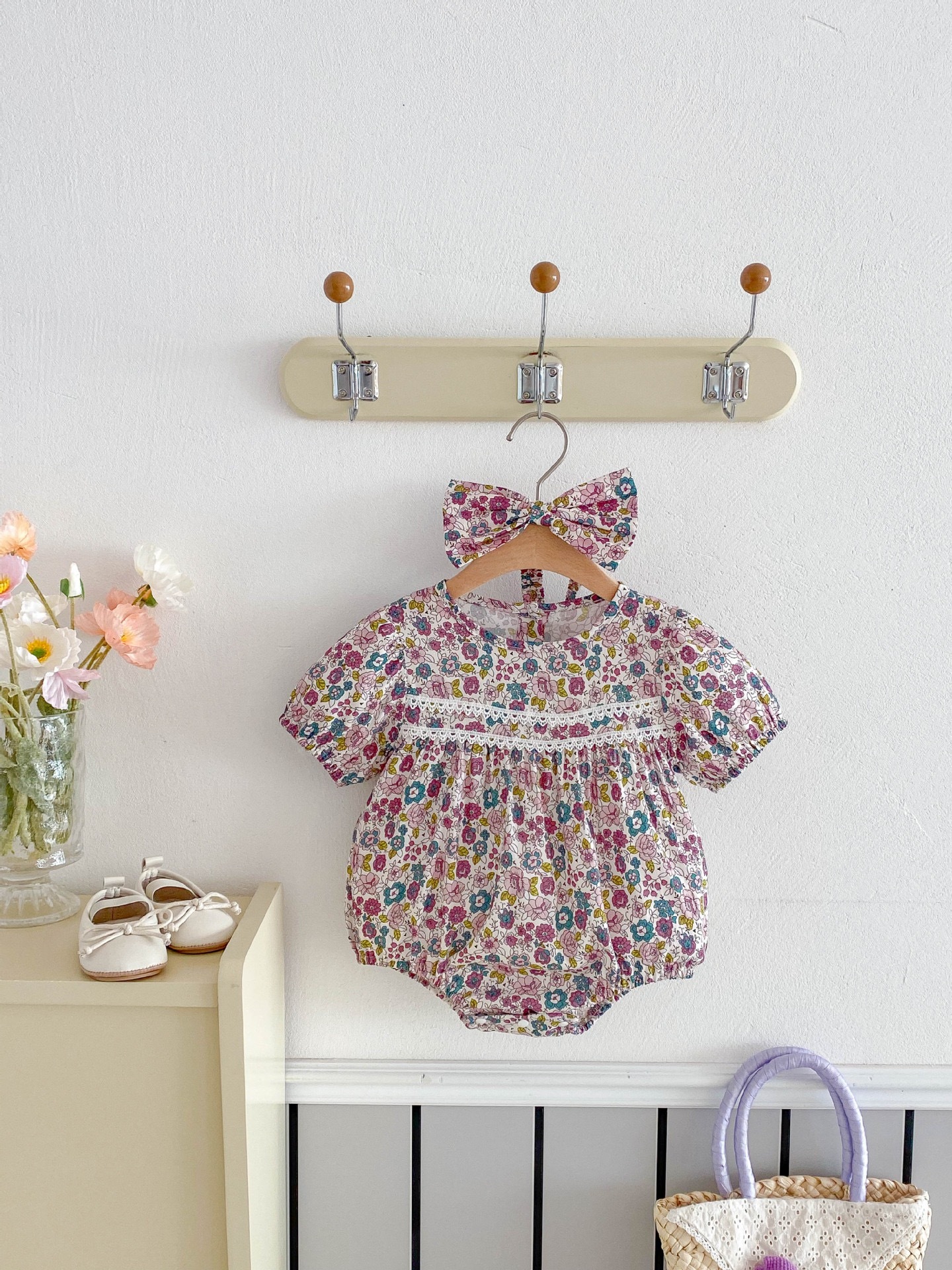 夏季碎花包屁衣(含髮帶）