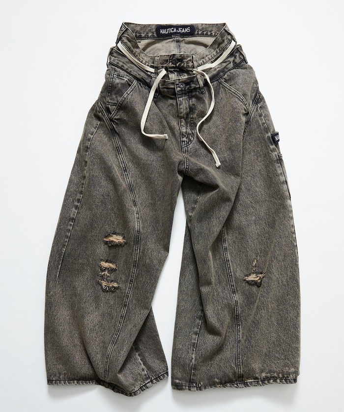 『代購商品』2025SS NAUTICA Double Waist Distressed Baggy Curve Denim 寬版 水洗 曲線 牛仔褲 1043422400001
