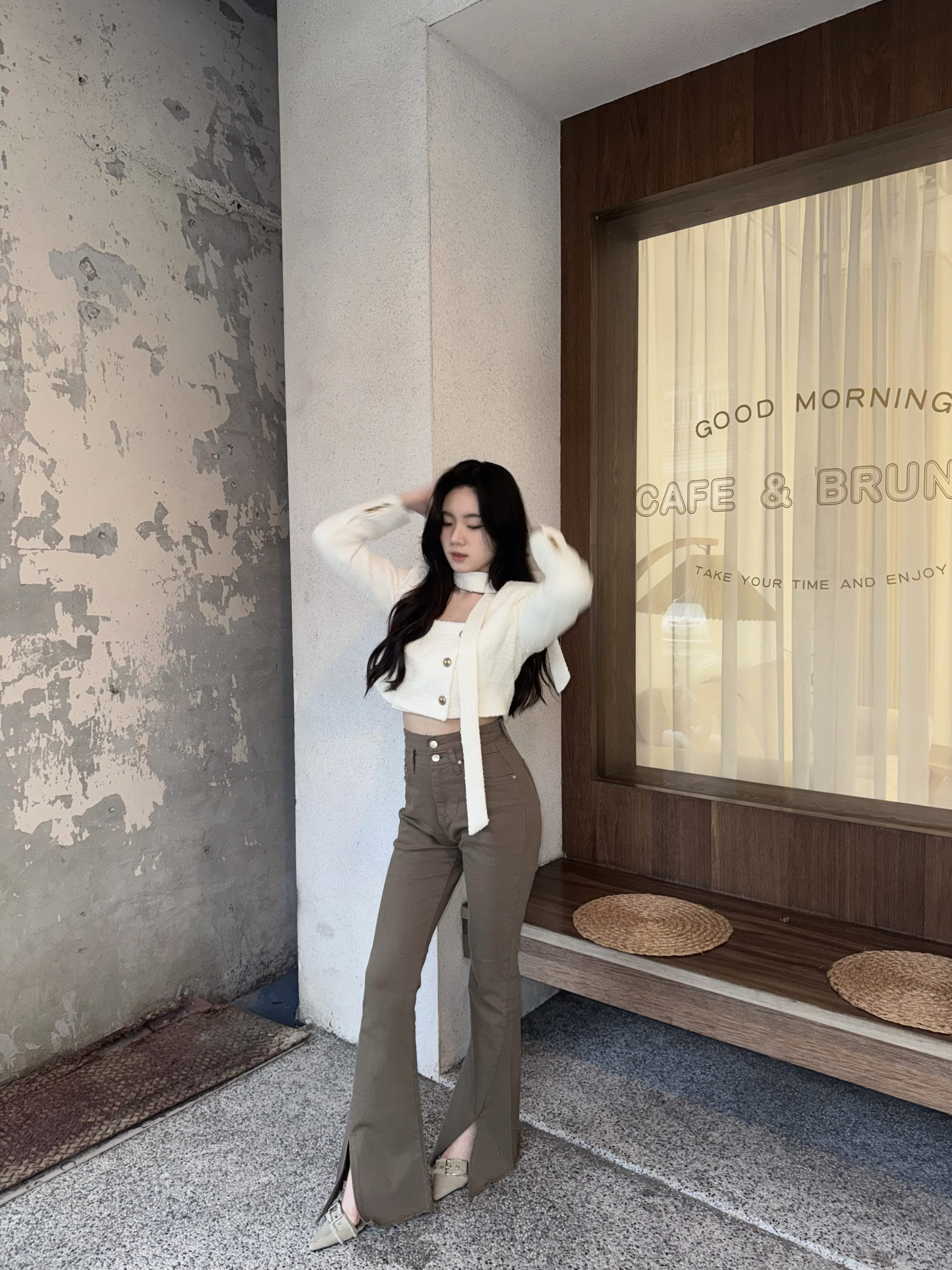 雙排扣高腰開叉褲