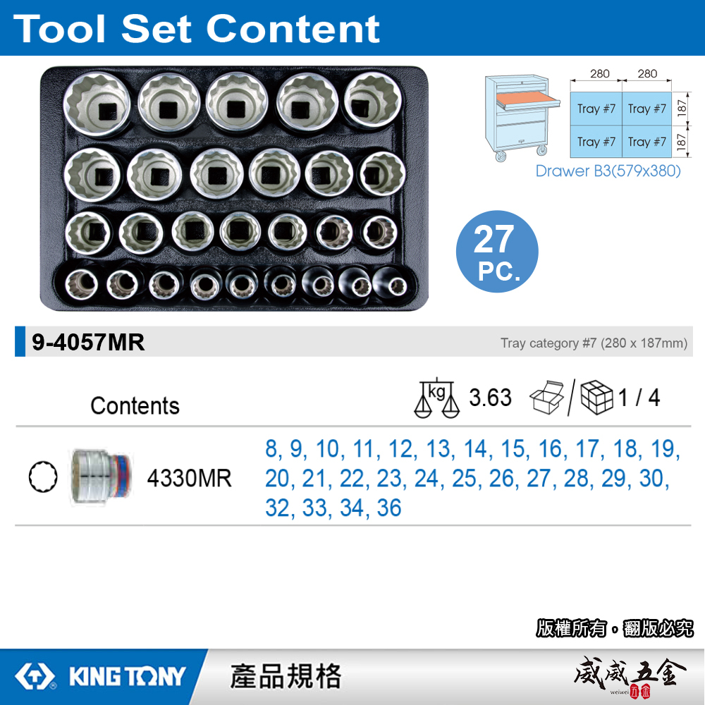 KING TONY 金統立｜27件式1/2"十二角手動套筒工具車組套 手動短套筒組｜9-4057MR｜台灣製