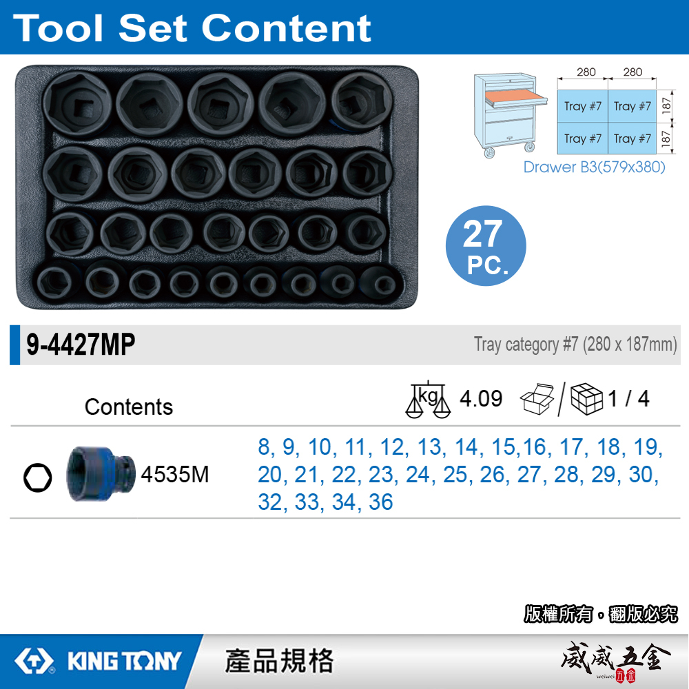 KING TONY 金統立｜27件式 1/2"六角氣動套筒工具車組套 氣動短套筒組｜9-4427MP｜台灣製
