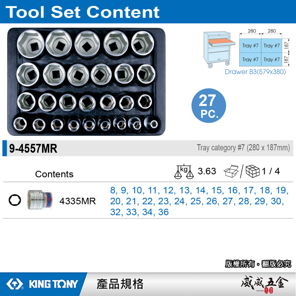 KING TONY 金統立｜27件式 1/2"六角手動套筒工具車組套 氣動短套筒組｜9-4557MR｜台灣製